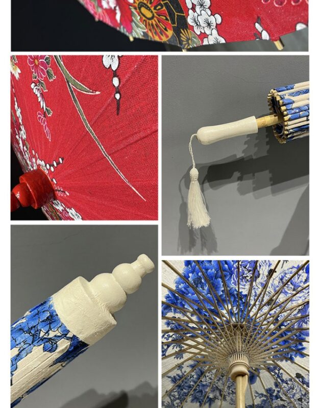 Plain blue and white porcelain linen bamboo parasol 
